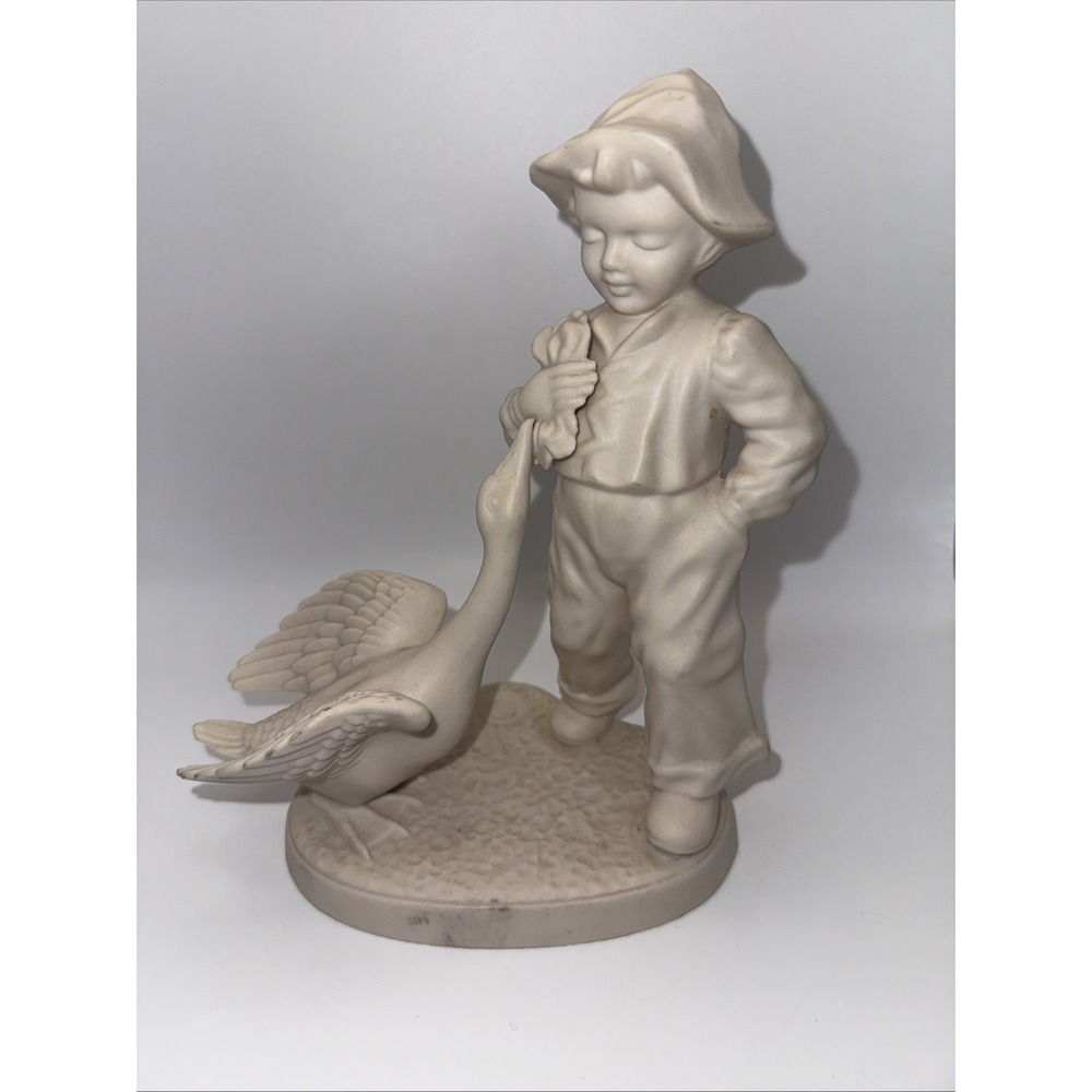 Vintage Ceramic Boy & Goose Sculpture Farmhouse Decor Nursery Rhyme Figurine